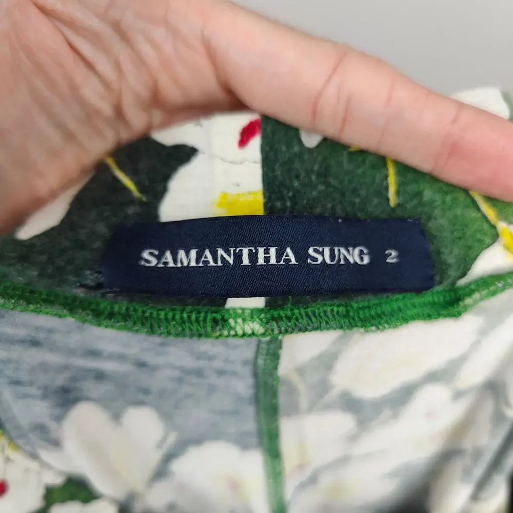 Samantha Sung Pants Womens 2 Pull On Green Blue‎ Floral Print Jersey Straight - Picture 6 of 7
